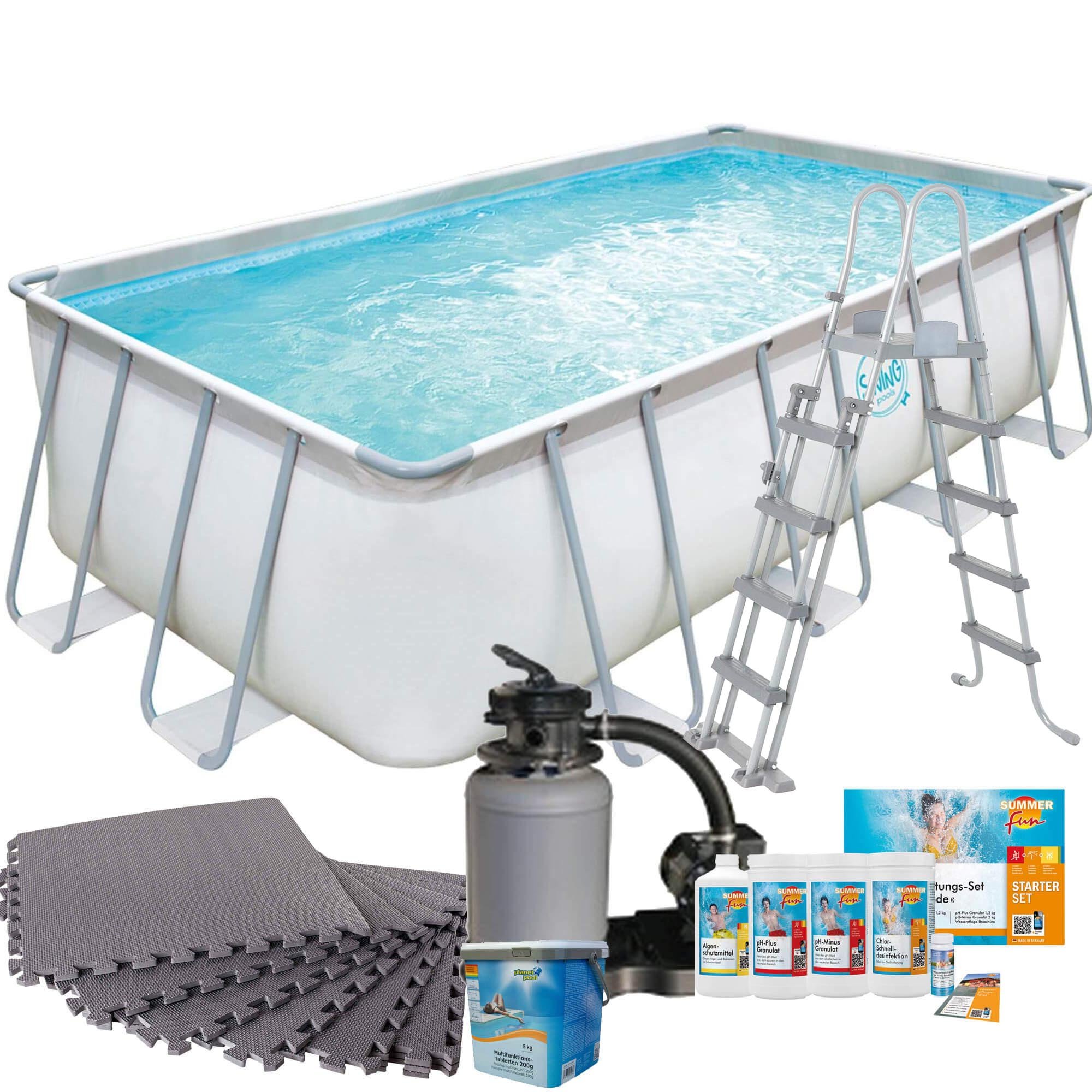 Polygroup Summer Waves Frame Pool mit Sandfilter, Bodenschutzmatten grau, Leiter und Starter Set Wasserpflege